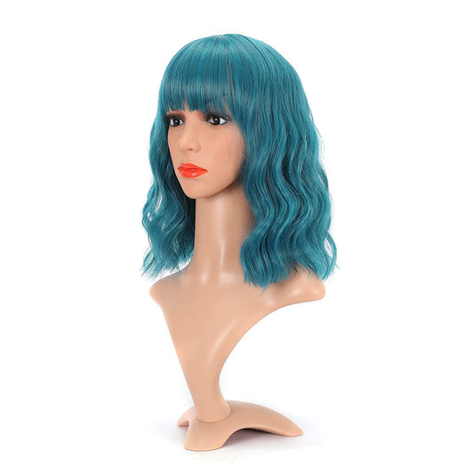 VCKOVCKO Natural Wavy Wig With Air Bangs 12"(Dark Blue)