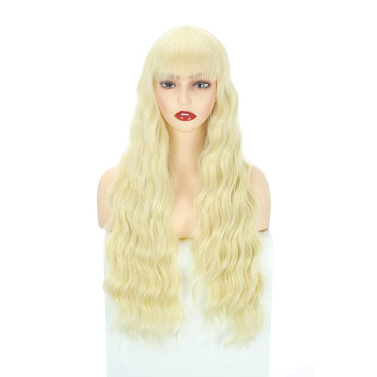 VCKOVCKO Long loose Wavy Synthetic Wig With Air Bangs 28"(Blonde)