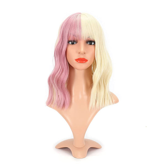 VCKOVCKO Natural Wavy Wig With Air Bangs 12"(Highlight Pink)