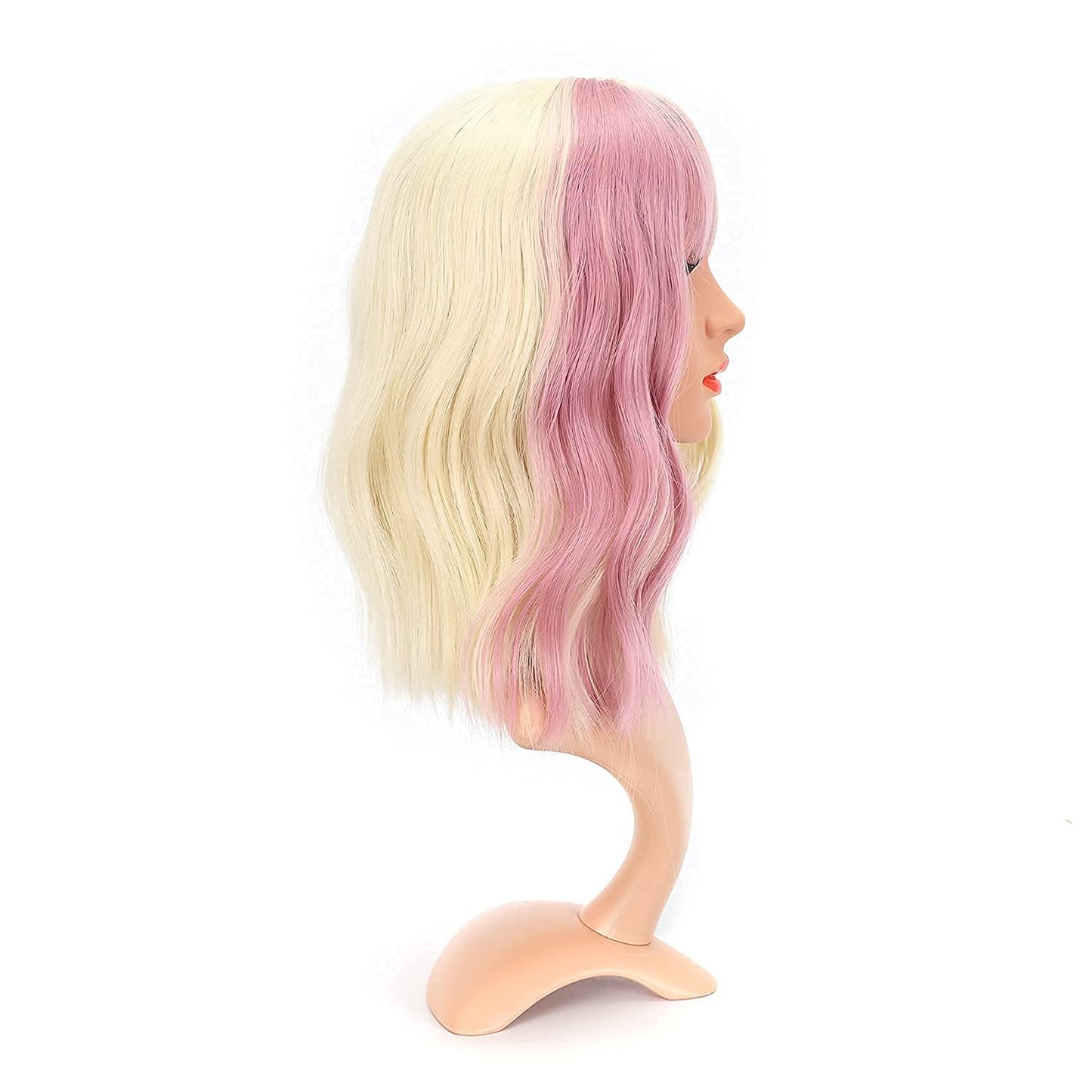 VCKOVCKO Natural Wavy Wig With Air Bangs 12"(Highlight Pink)