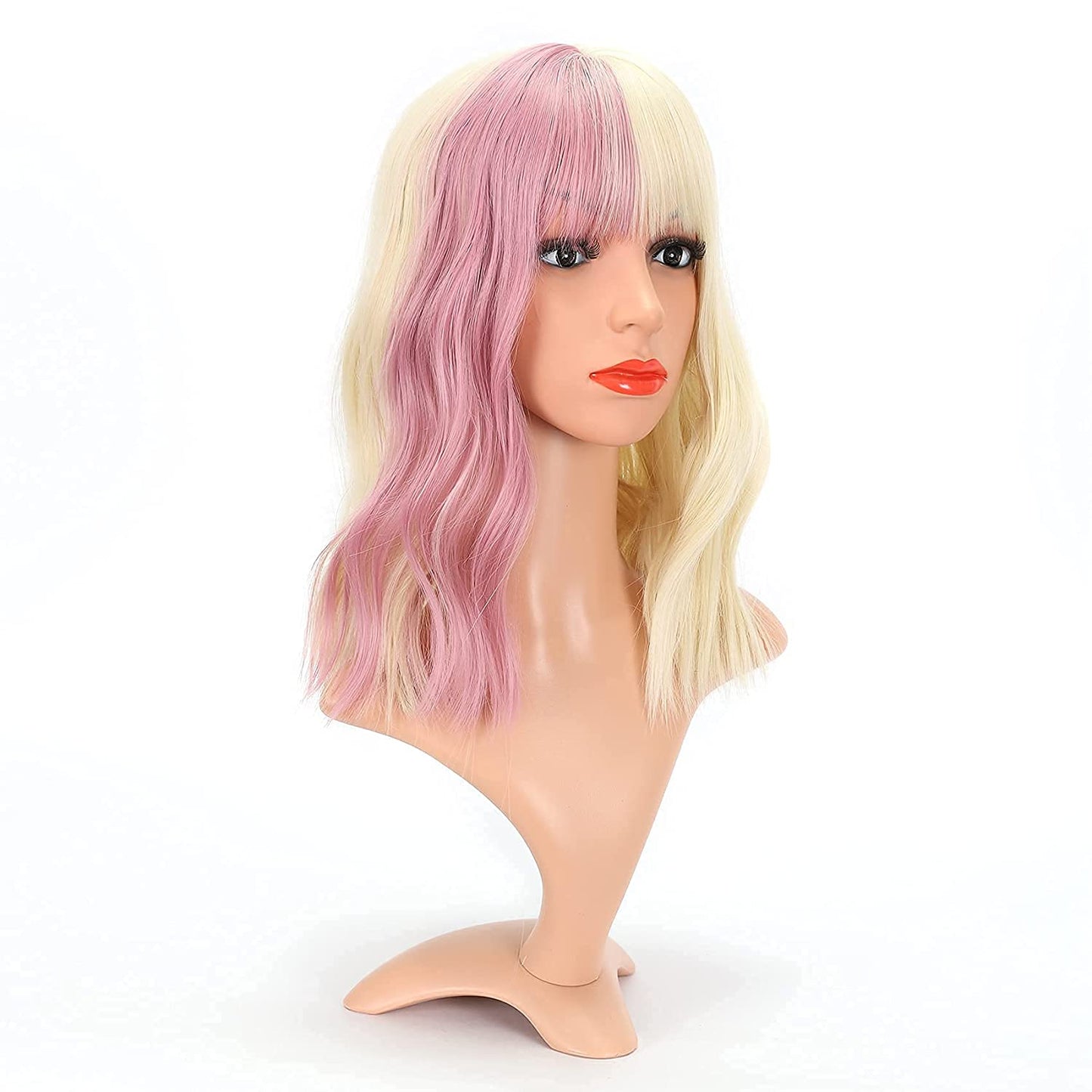 VCKOVCKO Natural Wavy Wig With Air Bangs 12"(Highlight Pink)