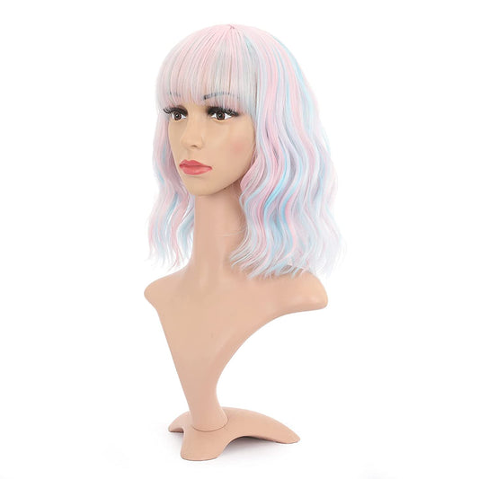 VCKOVCKO Natural Wavy Wig With Air Bangs 12"(Pink & Sky Blue Mixed)