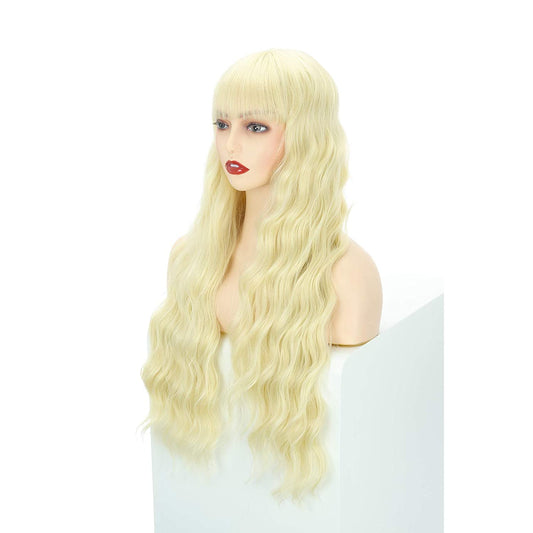 VCKOVCKO Long loose Wavy Synthetic Wig With Air Bangs 28"(Blonde)