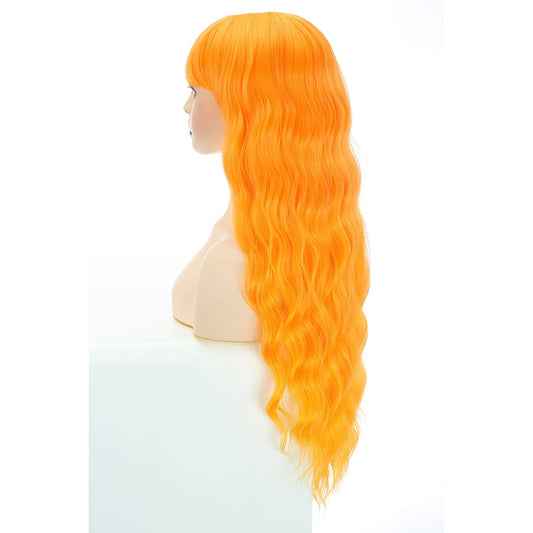 VCKOVCKO Long loose Wavy Synthetic Wig With Air Bangs 28"(Ombre Orange)