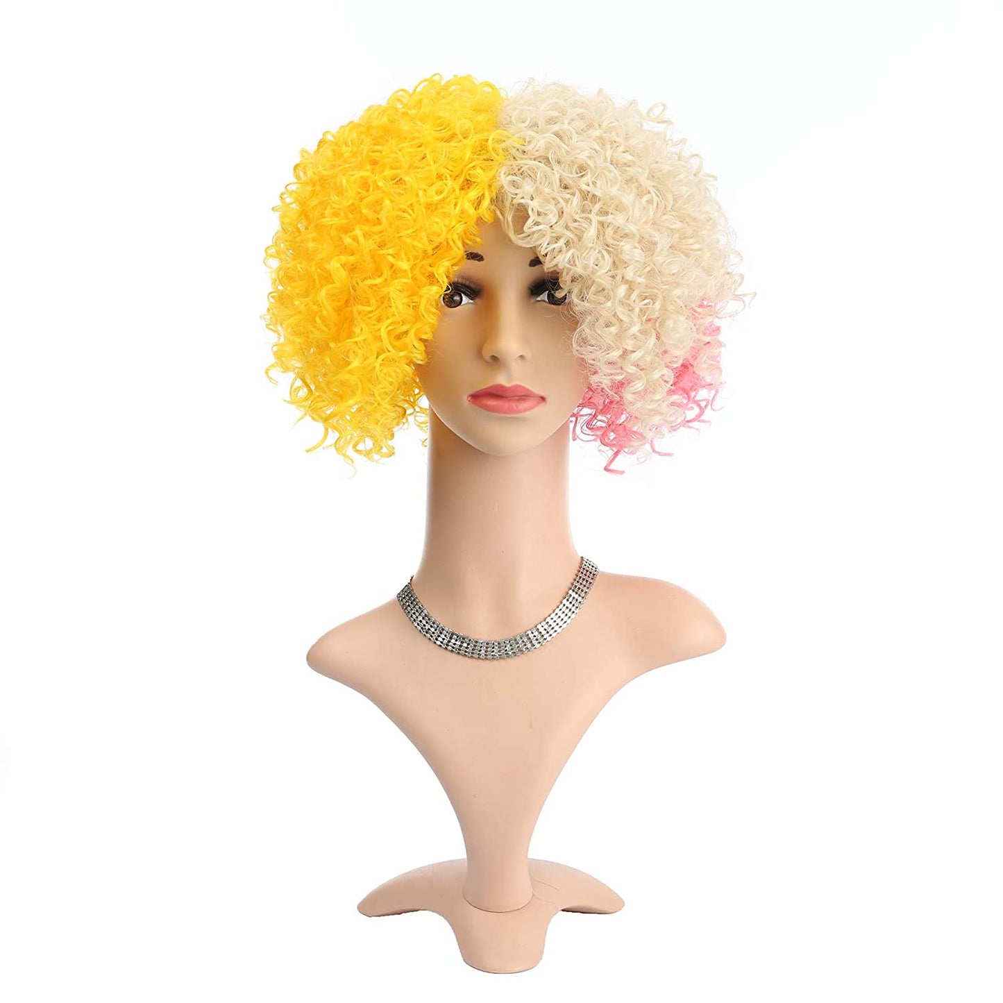 VCKOVCKO Colorful Kinky Curly Afro Wigs with Hair Bangs for Costume Party Cosplay 8"(Color:RoseRed Blonde & Yellow)