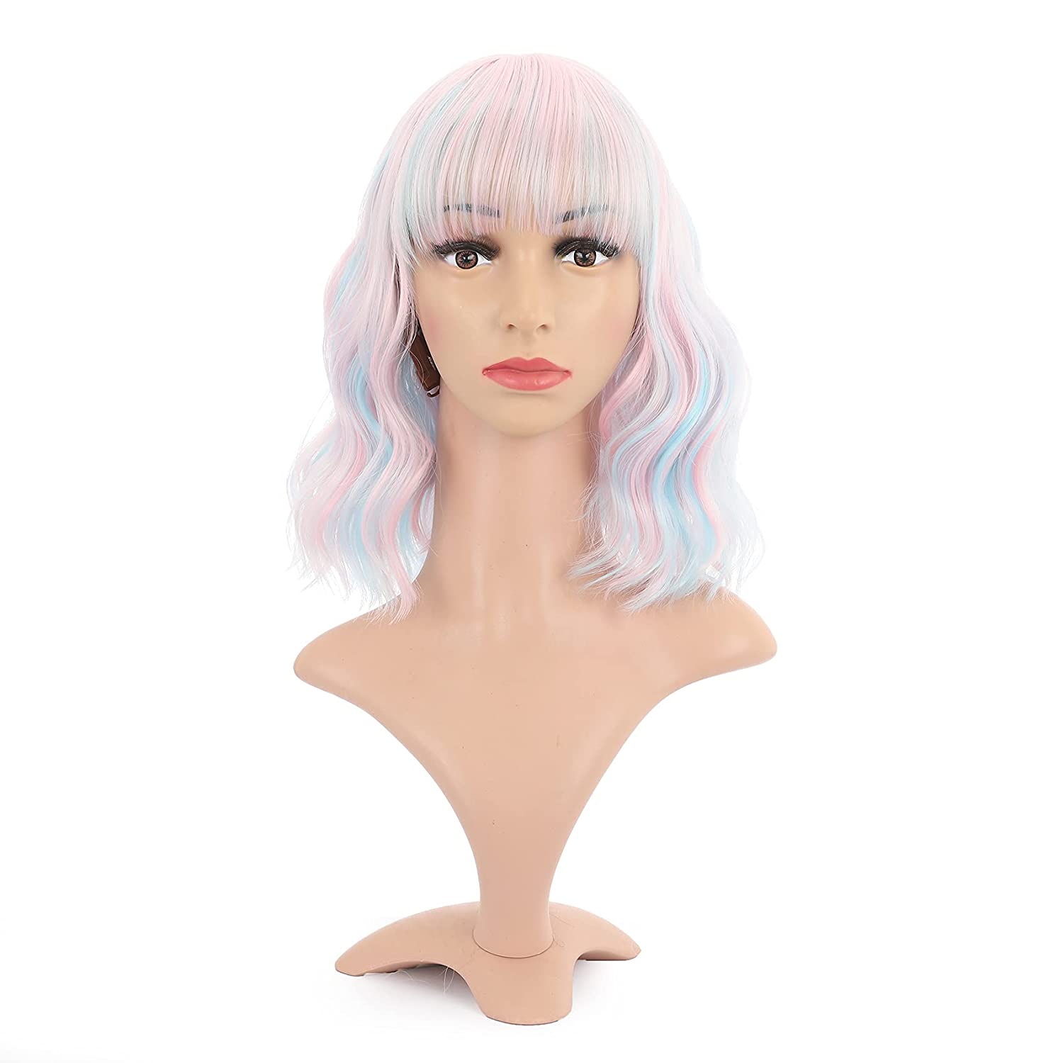 Vckovcko Natural Wavy Wig With Air Bangs 12 Pink And Sky Blue Mixed