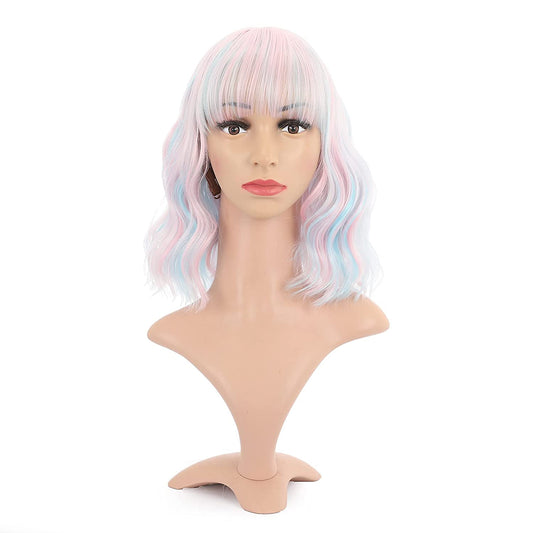 VCKOVCKO Natural Wavy Wig With Air Bangs 12"(Pink & Sky Blue Mixed)