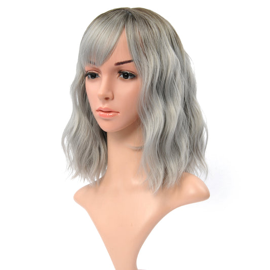 VCKOVCKO Natural Wavy Wig With Air Bangs 12"(Black-Gray)