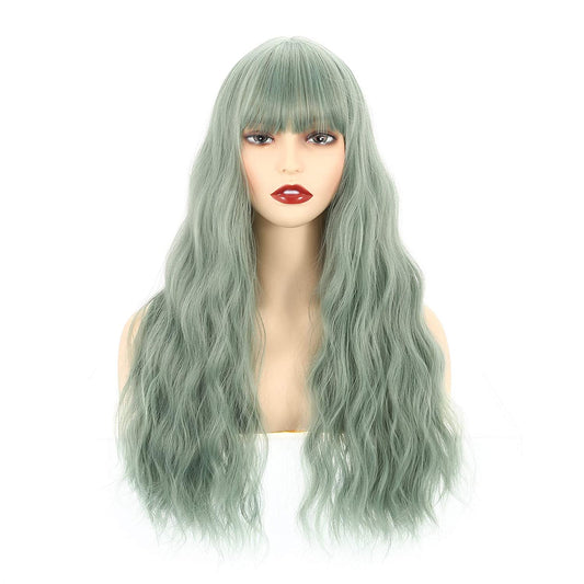 VCKOVCKO Long Loose Curly Wavy Wig With Air Bangs(26",Green)