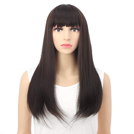 VCKOVCKO Fashion Silky Long Straight Synthetic Wig with Air Bangs 22"(Natural Brown)