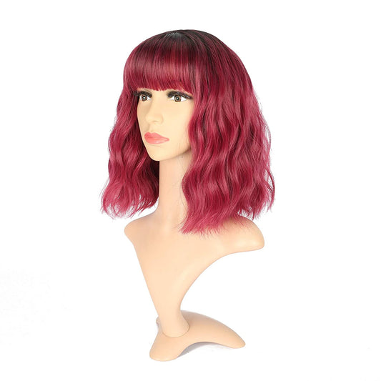 VCKOVCKO Natural Wavy Wig With Air Bangs 12"(Black to WineRed)