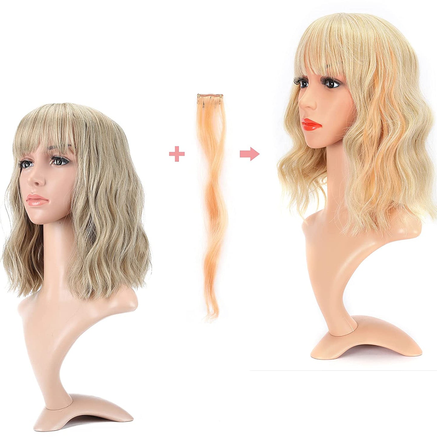 VCKOVCKO Natural Wavy Wig Plus 3 Pcs Colorful Clip in Hair Extentions 12"(Mix Blonde)