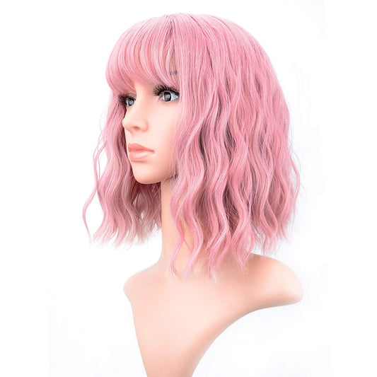 VCKOVCKO Natural Wavy Wig With Air Bangs 12"(A-PINK)