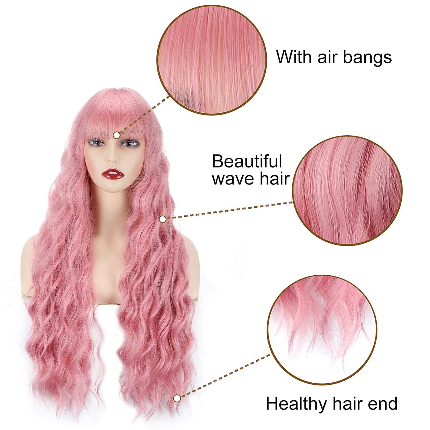 VCKOVCKO Long loose Wavy Synthetic Wig With Air Bangs 28"(Pink)