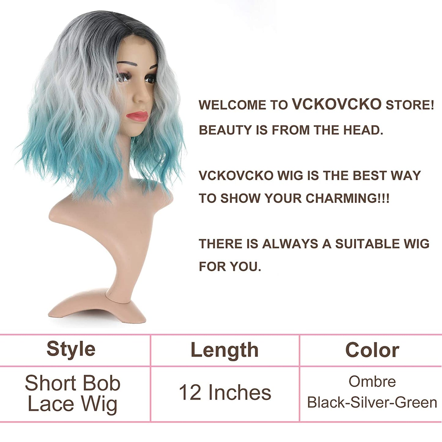 VCKOVCKO Natural Wavy Wig With Air Bangs 12"(Black-Silver-Green)