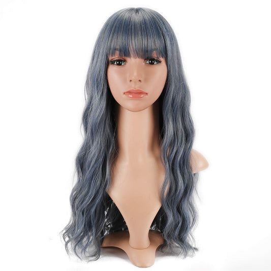 VCKOVCKO Long loose Wavy Synthetic Wig With Air Bangs 24"(Blue)