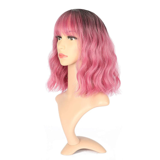 VCKOVCKO Natural Wavy Wig With Air Bangs 12"(Black to Pink Purple)