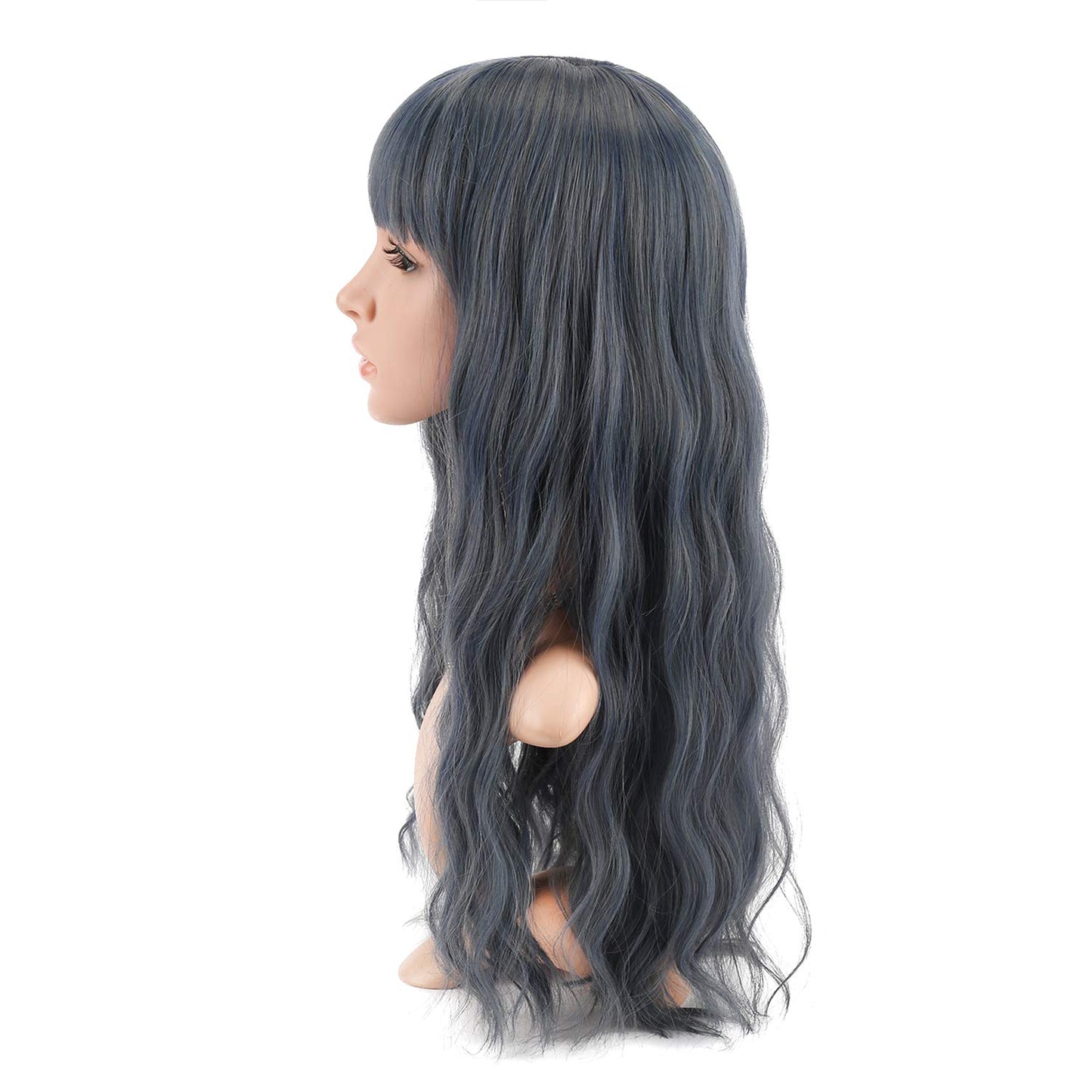 VCKOVCKO Long loose Wavy Synthetic Wig With Air Bangs 24"(Blue)