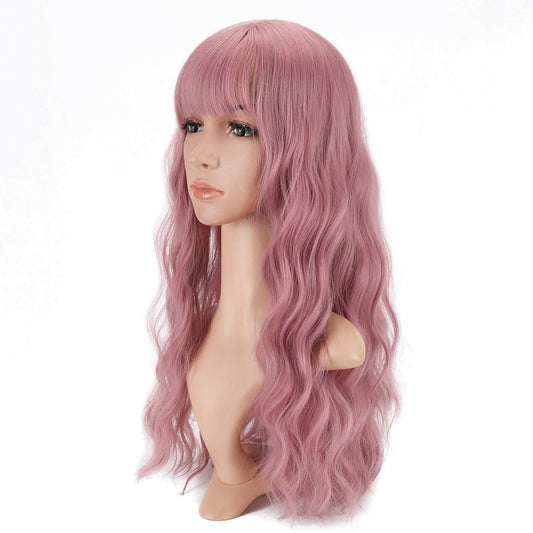 VCKOVCKO Long loose Wavy Synthetic Wig With Air Bangs 24"(Purple Pink)