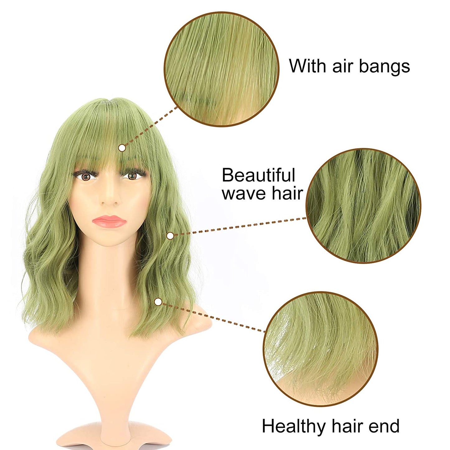 VCKOVCKO Natural Wavy Wig With Air Bangs 12"(Matcha Green)