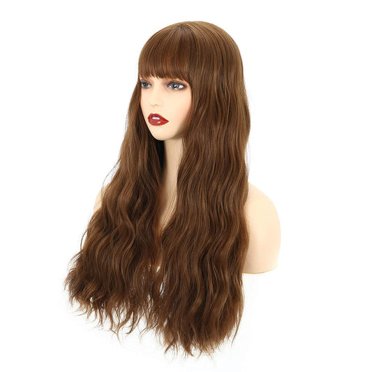 VCKOVCKO Long Loose Curly Wavy Wig With Air Bangs(26",Brown)