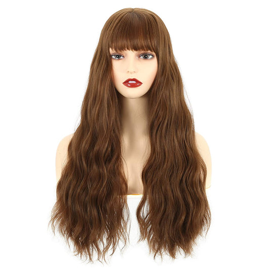 VCKOVCKO Long Loose Curly Wavy Wig With Air Bangs(26",Brown)