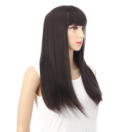 VCKOVCKO Fashion Silky Long Straight Synthetic Wig with Air Bangs 22"(Natural Brown)