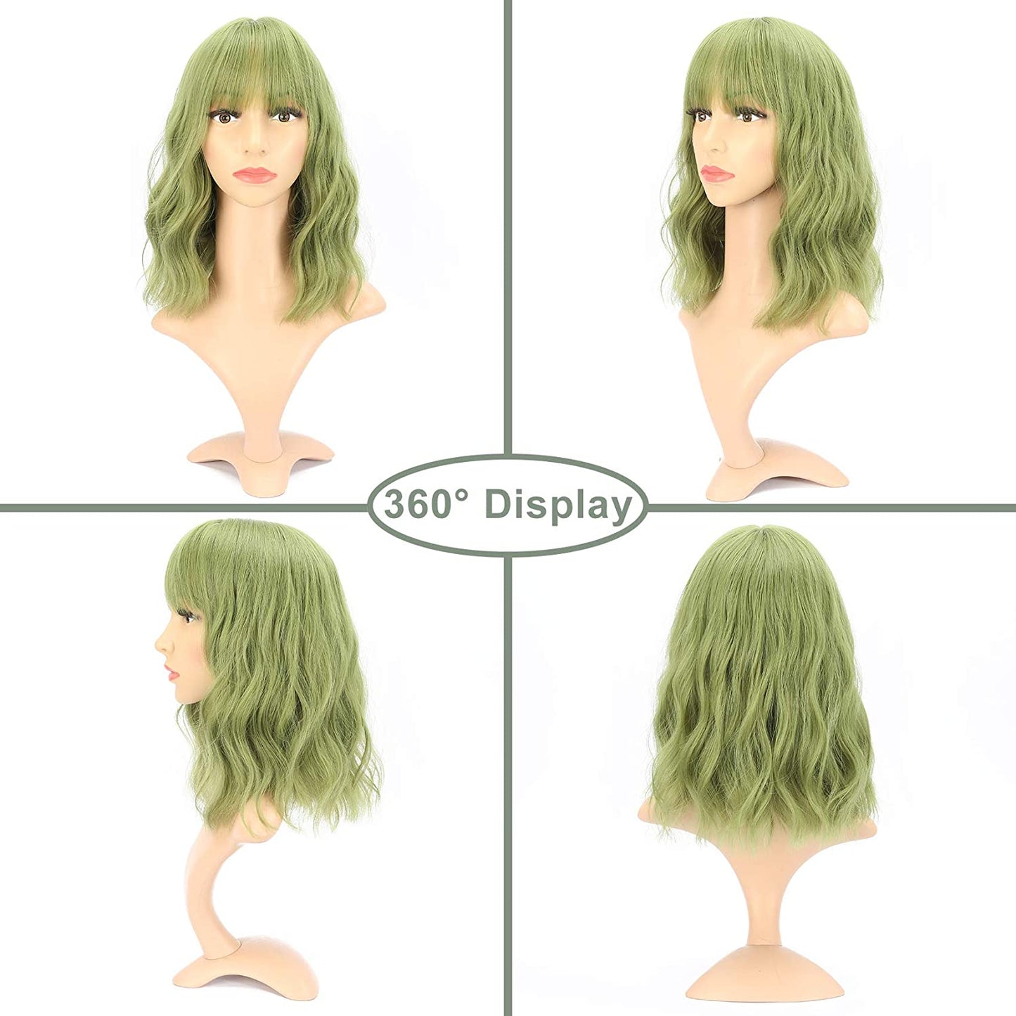 VCKOVCKO Natural Wavy Wig With Air Bangs 12"(Matcha Green)