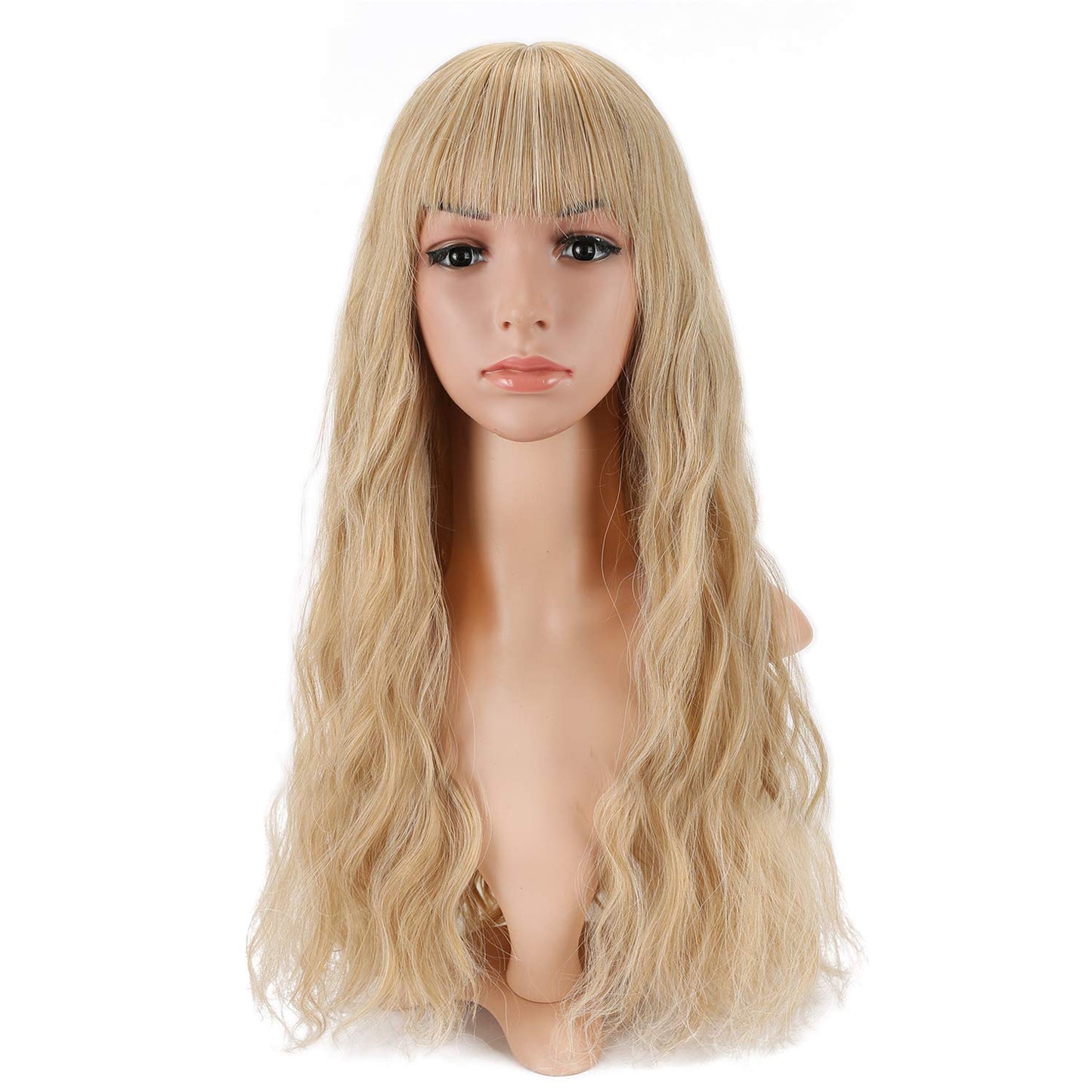 VCKOVCKO Long loose Wavy Synthetic Wig With Air Bangs 24"(Blonde Mix Gray)