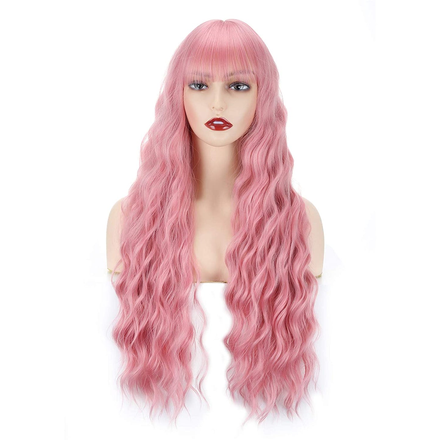 VCKOVCKO Long loose Wavy Synthetic Wig With Air Bangs 28"(Pink)