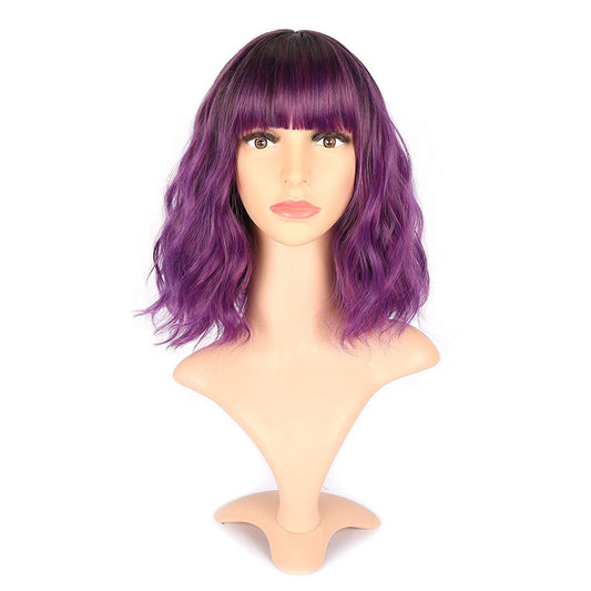 VCKOVCKO Natural Wavy Wig With Air Bangs 12"(Black to Purple)