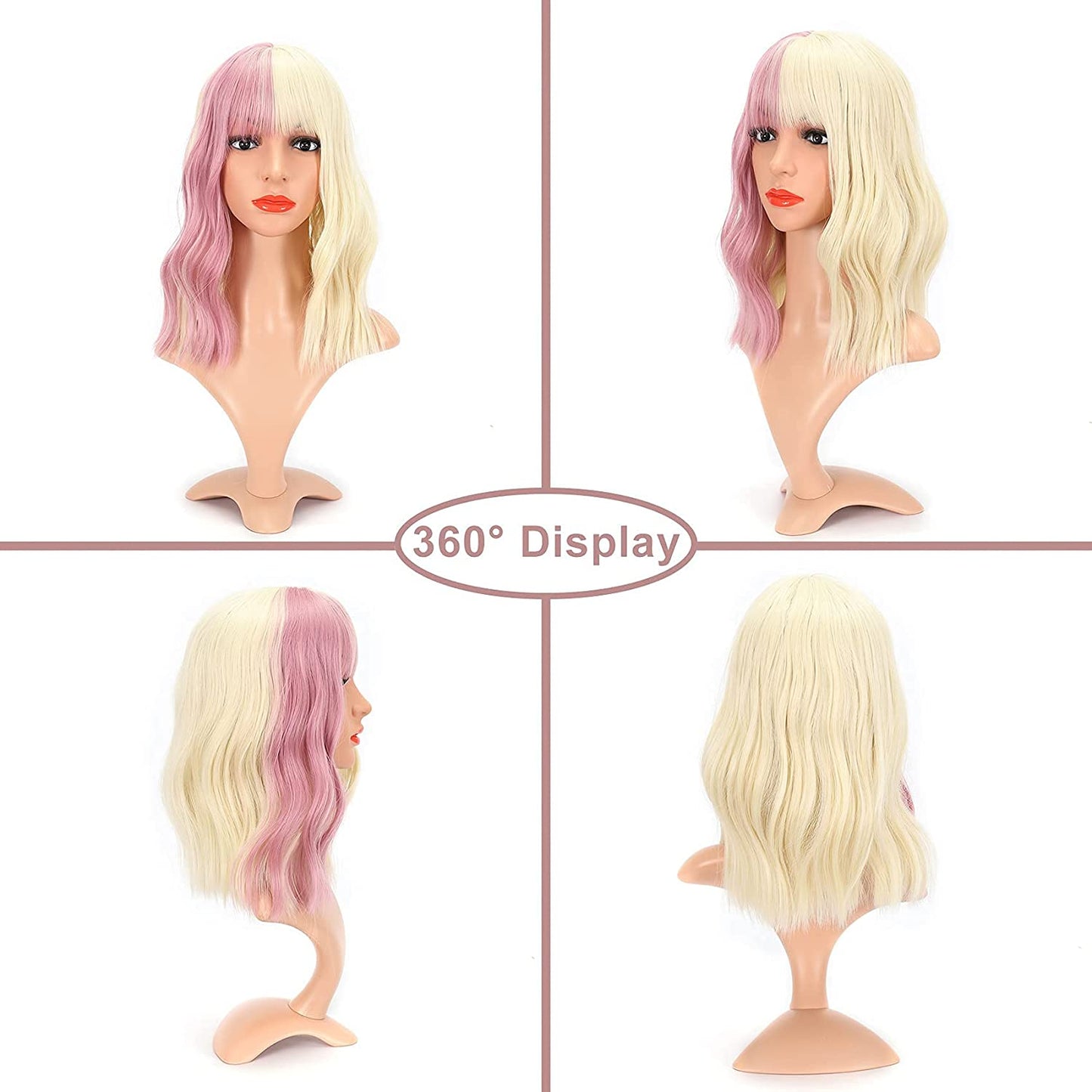 VCKOVCKO Natural Wavy Wig With Air Bangs 12"(Highlight Pink)