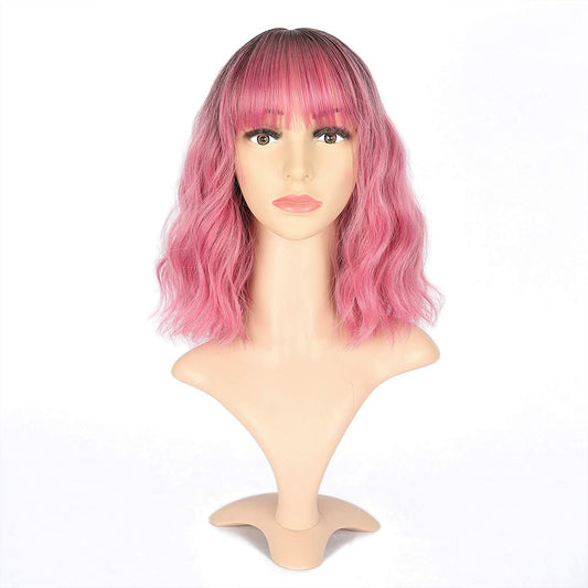 VCKOVCKO Natural Wavy Wig With Air Bangs 12"(Black to Pink Purple)