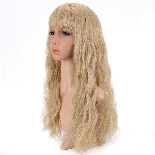 VCKOVCKO Long loose Wavy Synthetic Wig With Air Bangs 24"(Blonde Mix Gray)