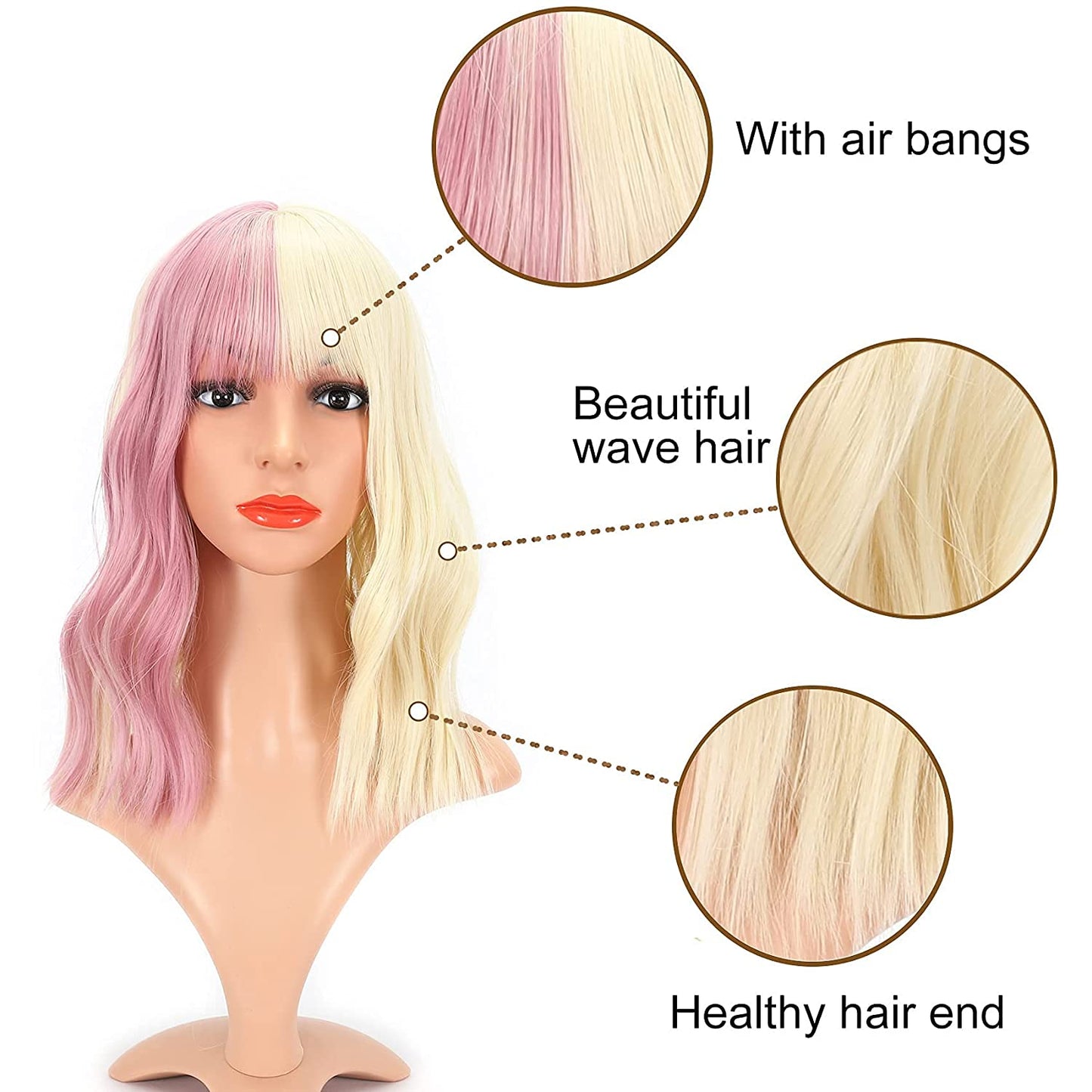 VCKOVCKO Natural Wavy Wig With Air Bangs 12"(Highlight Pink)