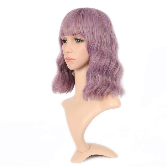 VCKOVCKO Natural Wavy Wig With Air Bangs 12"(Mix Purple)