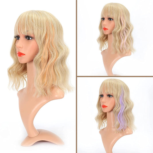 VCKOVCKO Natural Wavy Wig Plus 3 Pcs Colorful Clip in Hair Extentions 12"(Mix Blonde)