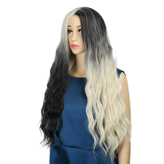 VCKOVCKO Natural Wavy Multi-Color Wig for Cospaly Halloween Party Fancy Dress Costume for Women Girl 24"(Half Black and Half White)