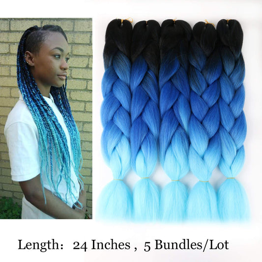 VCKOVCKO 100% Ombre Jumbo Braiding Hair Synthetic Fiber Extensions 24",5 Bundles/Lot(Black-Blue-Light Blue)