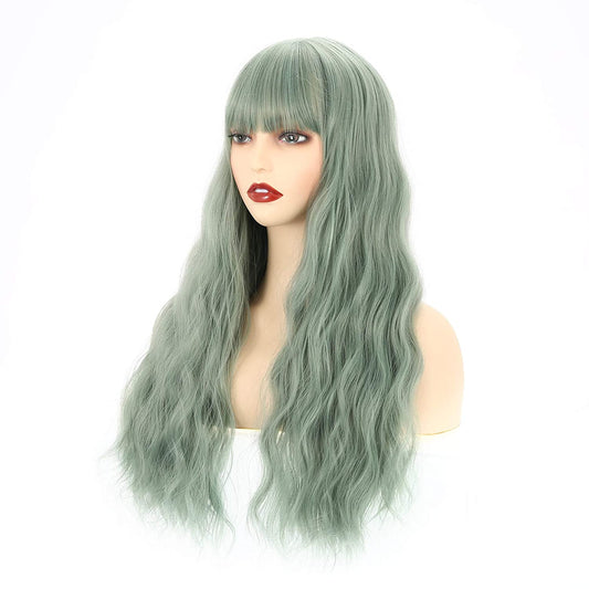 VCKOVCKO Long Loose Curly Wavy Wig With Air Bangs(26",Green)