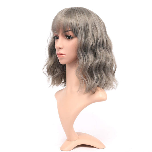 VCKOVCKO Natural Wavy Wig With Air Bangs 12"(Gray)