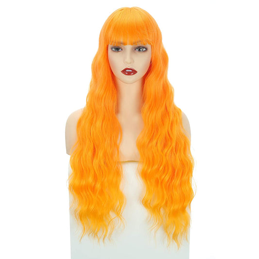 VCKOVCKO Long loose Wavy Synthetic Wig With Air Bangs 28"(Ombre Orange)