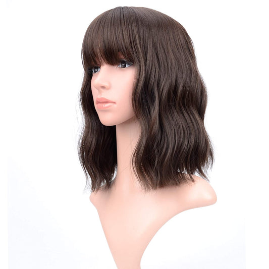 VCKOVCKO Natural Wavy Wig With Air Bangs 12"(Natural Brown)