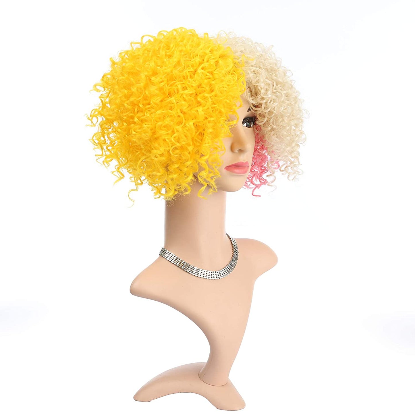 VCKOVCKO Colorful Kinky Curly Afro Wigs with Hair Bangs for Costume Party Cosplay 8"(Color:RoseRed Blonde & Yellow)