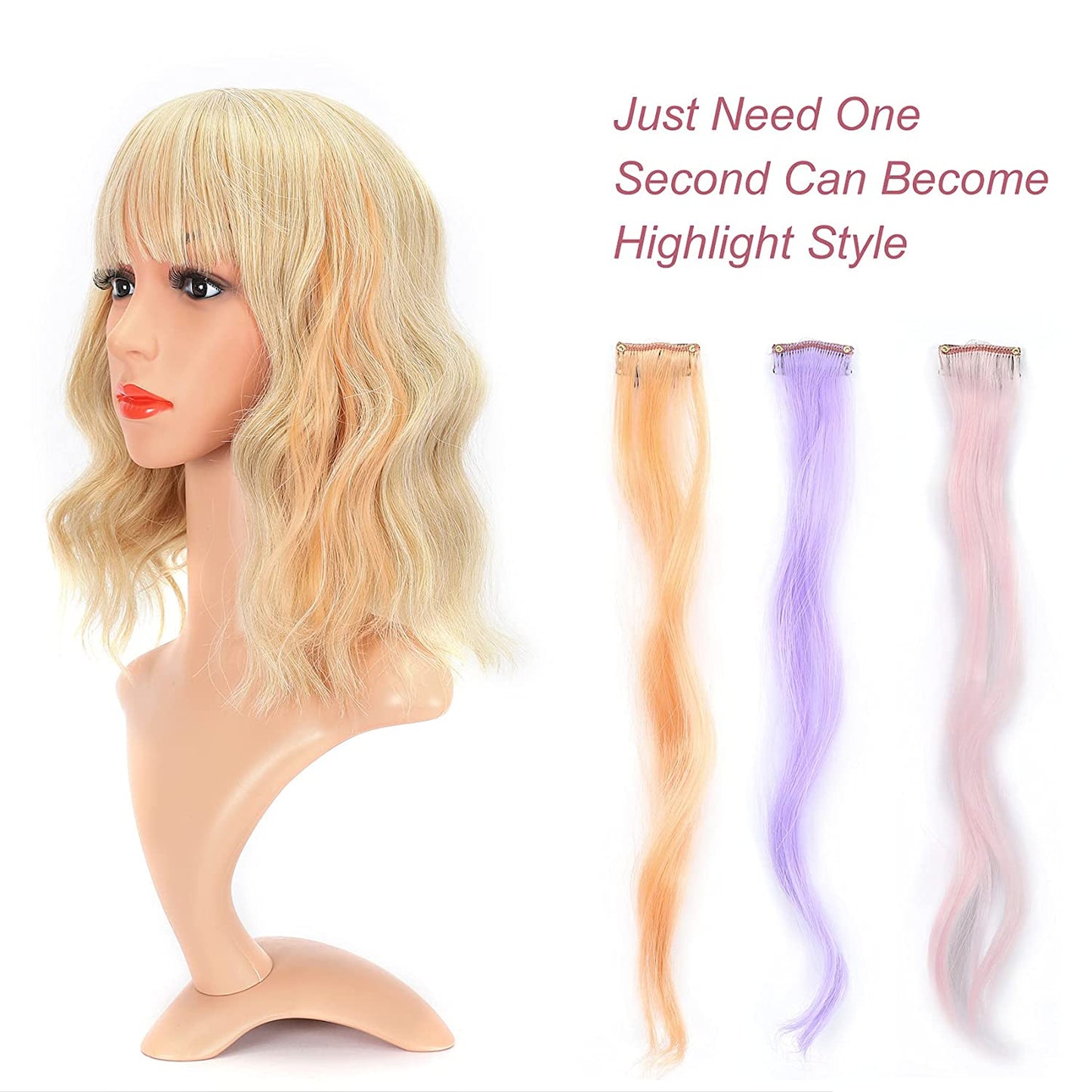 VCKOVCKO Natural Wavy Wig Plus 3 Pcs Colorful Clip in Hair Extentions 12"(Mix Blonde)