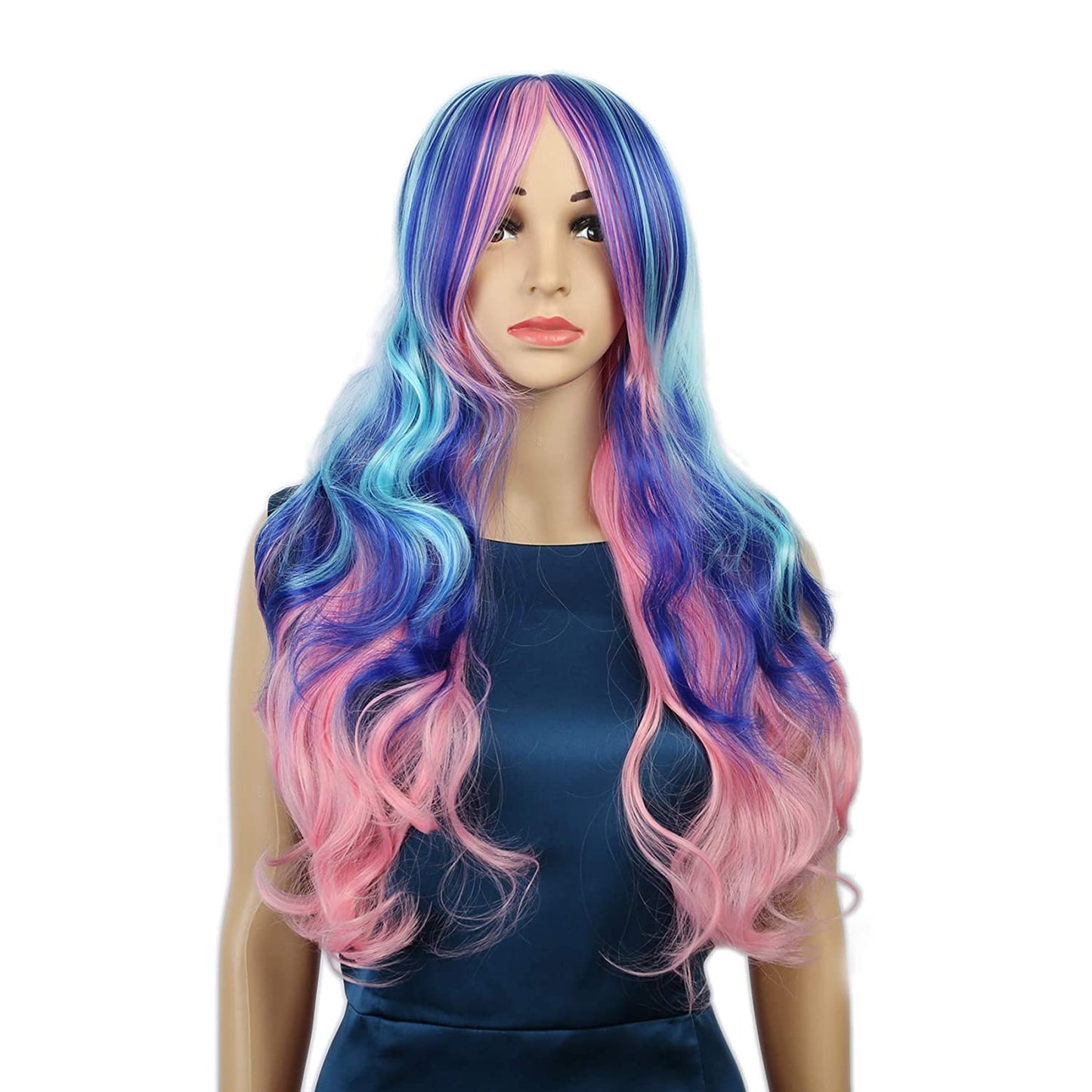 VCKOVCKO Natural Wavy Multi-Color Wig Synthetic Colorful Cosplay Party Wig for Women Girl26"(Light Blue-Blue-Pink)