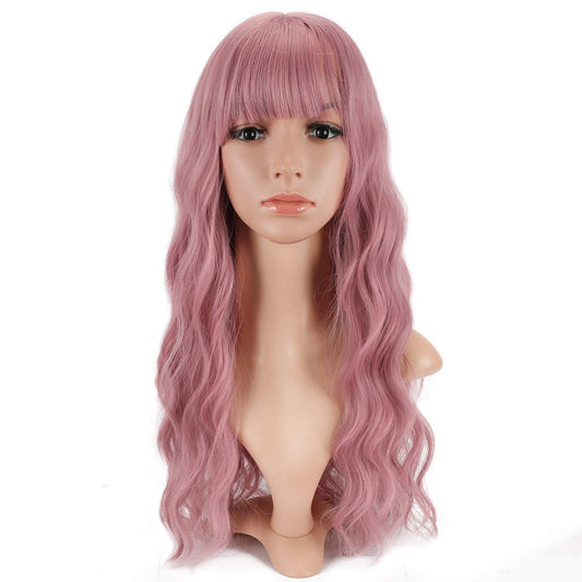 VCKOVCKO Long loose Wavy Synthetic Wig With Air Bangs 24"(Purple Pink)