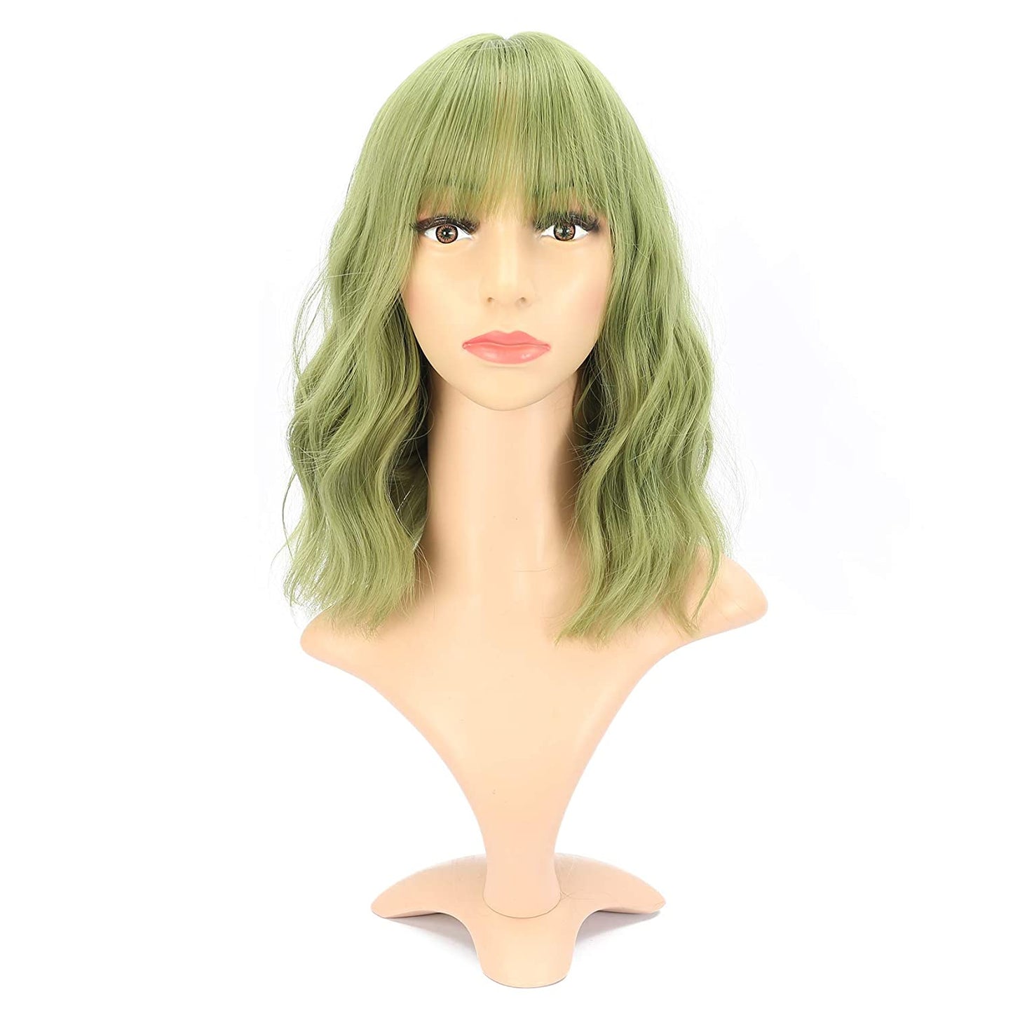 VCKOVCKO Natural Wavy Wig With Air Bangs 12"(Matcha Green)