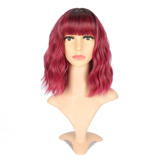 VCKOVCKO Natural Wavy Wig With Air Bangs 12"(Black to WineRed)