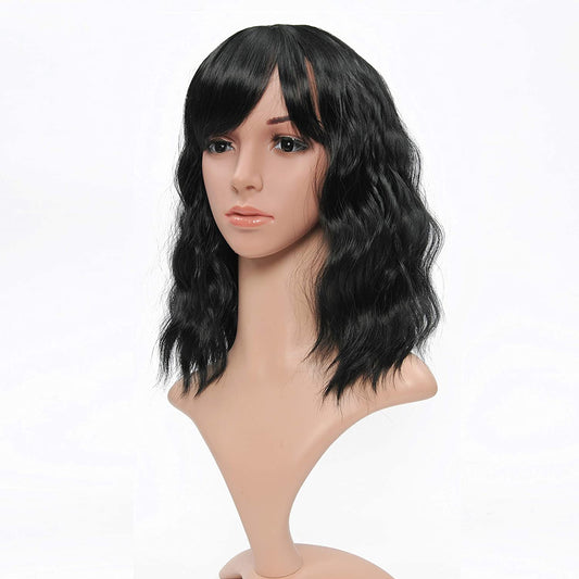 VCKOVCKO Natural Wavy Wig With Air Bangs 12"(Black)